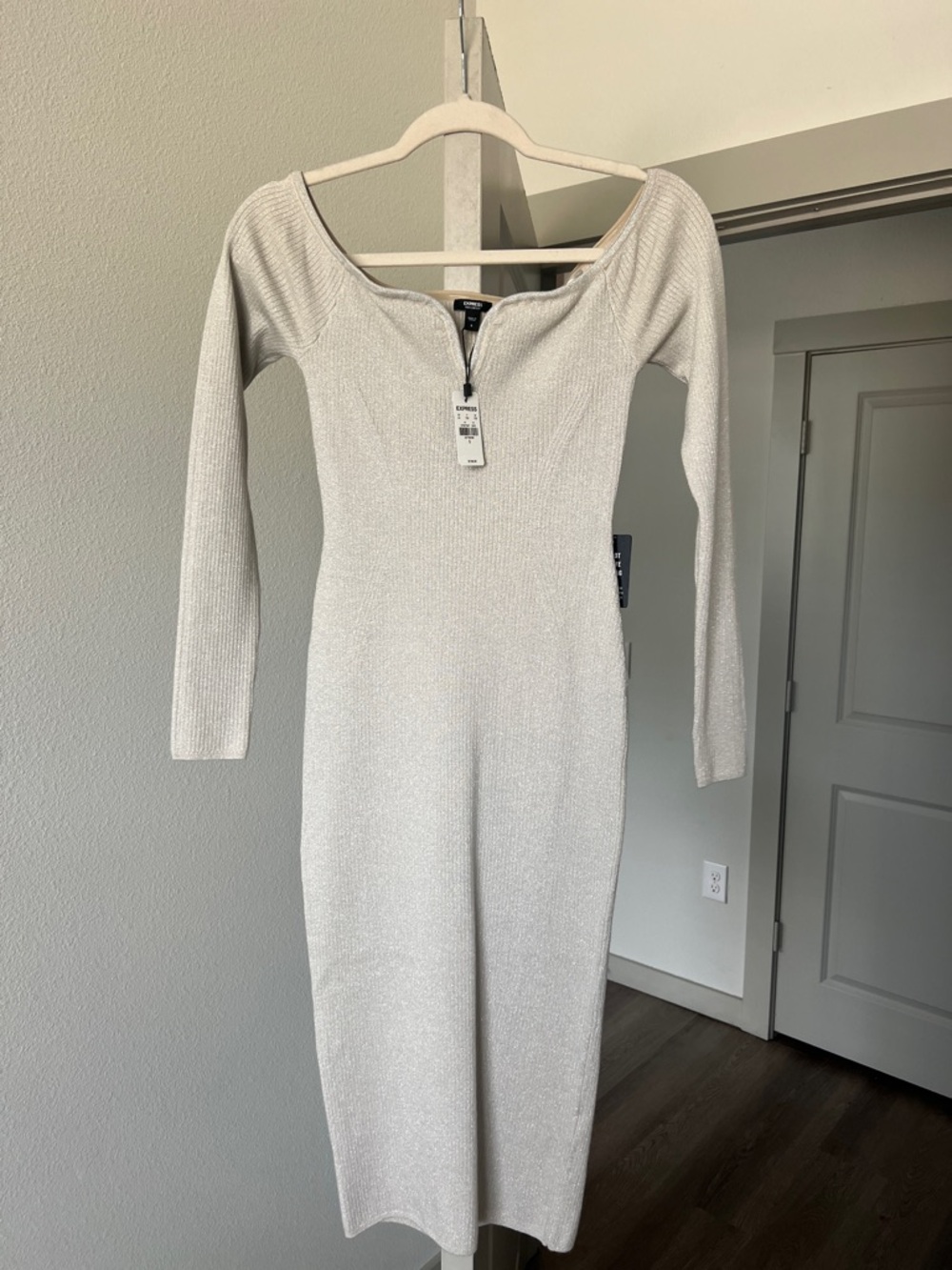 Express Silver-White Ribbed Long Sleeve Bodycon Midi Dress